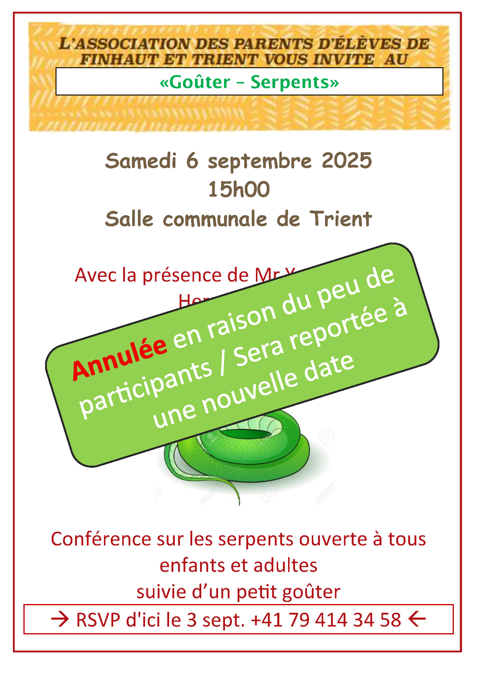 Conférence et goûter serpents - affiche - annulation