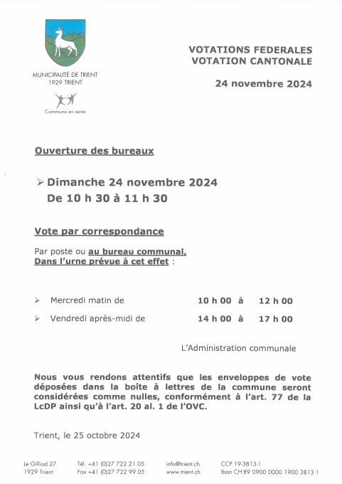 Votations fédérales et cantonale du  24 novembre 2024