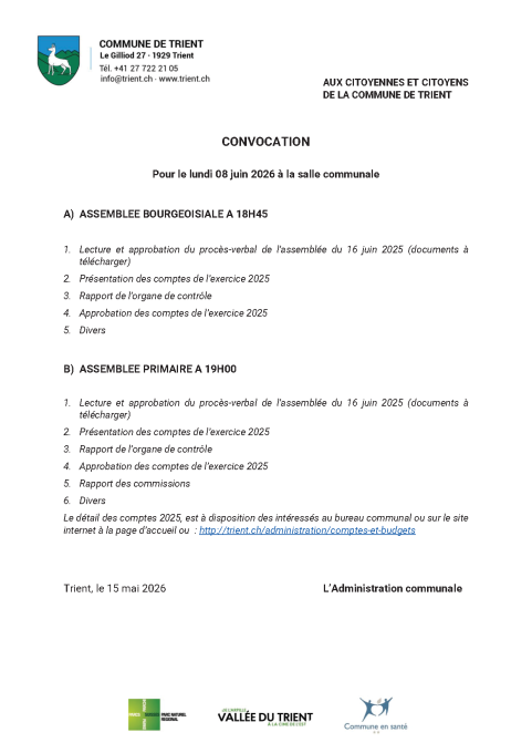 Assemblée bourgeoisiale et primaire du 08 juin 2026