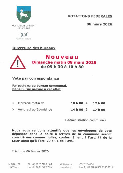 Horaire votations fédérales du 08.03.2026